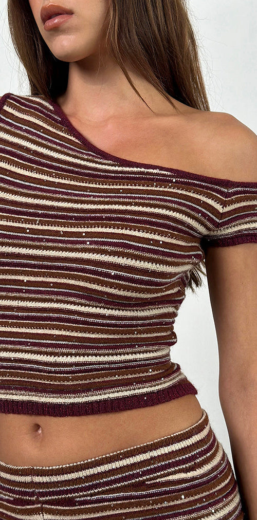 Image of Tamia Off Shoulder Top in Shimmer Stripe Knit Rust