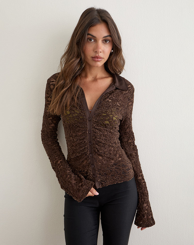 Chemise ajustée Tamy en dentelle marron