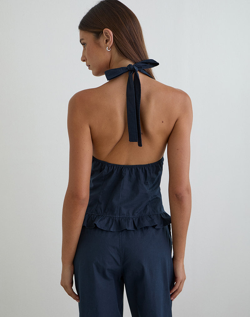 Image of Tamzen Halterneck Top in Dark Navy with Frill Hem