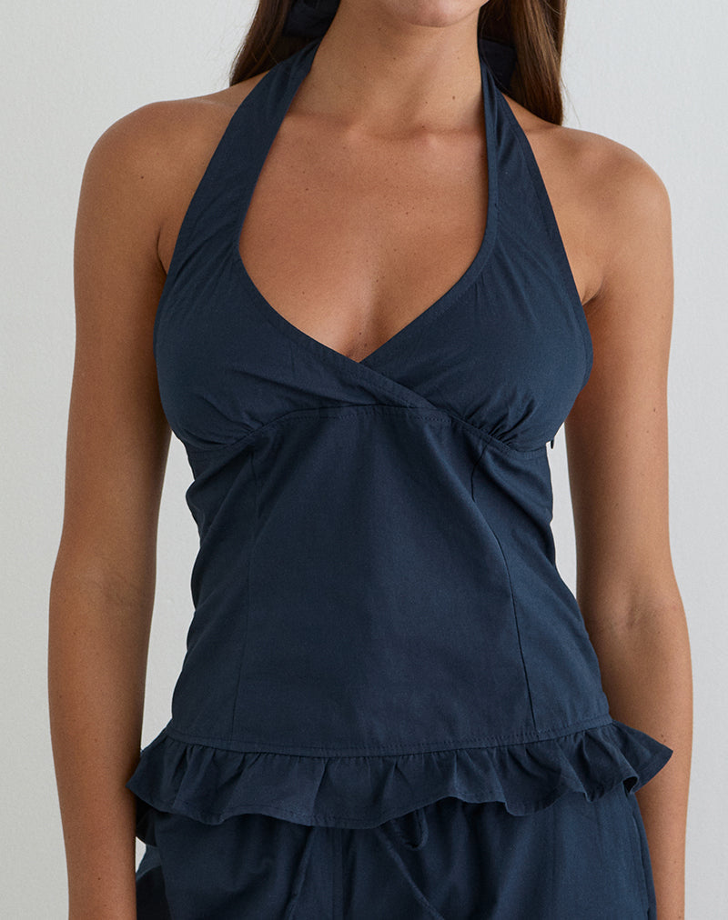 Image of Tamzen Halterneck Top in Dark Navy with Frill Hem