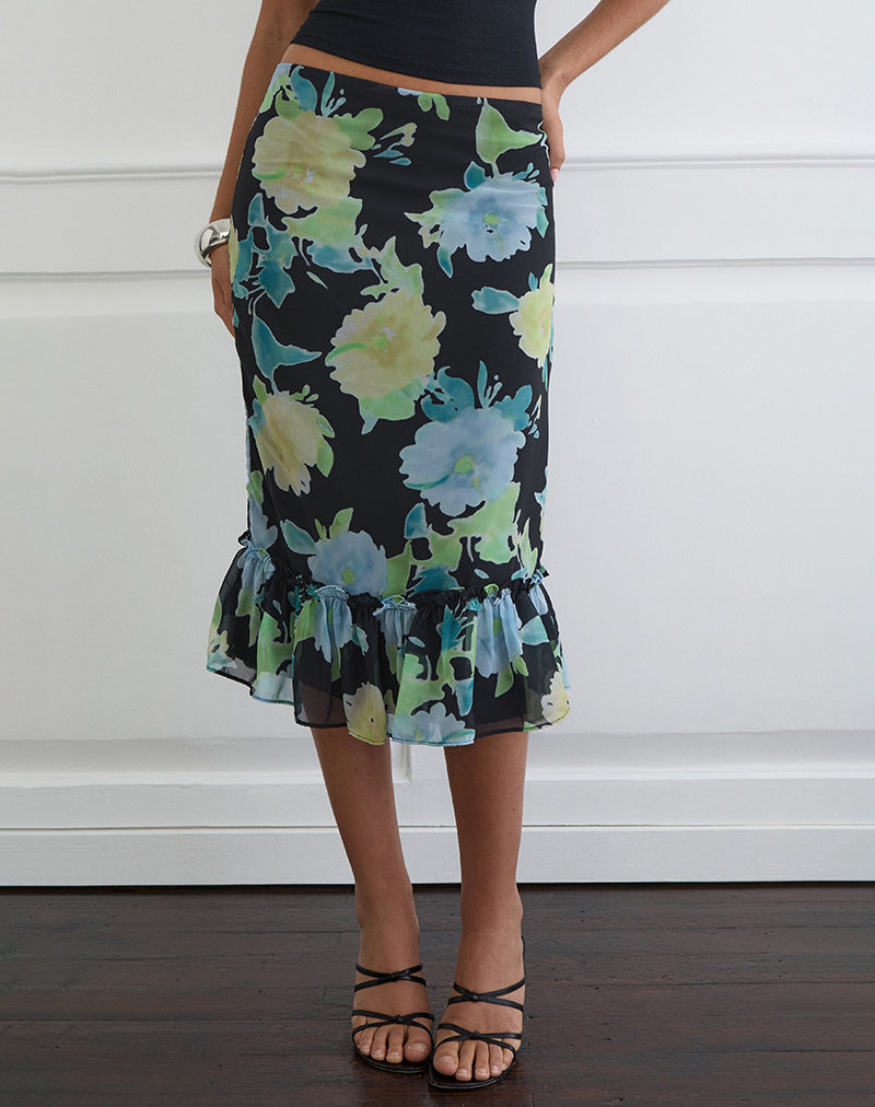Image of Tarla Midi Skirt in Black Chiffon with Crystal Flower Print