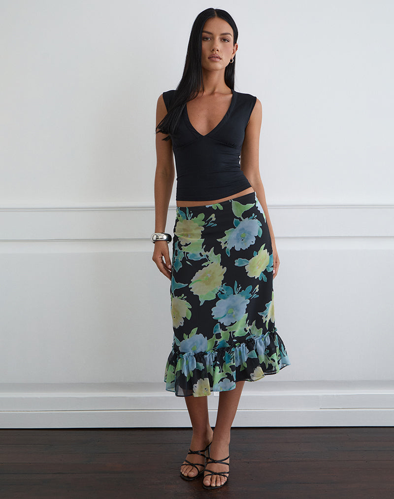 Gonna midi Tarla in chiffon nero con stampa floreale in cristallo