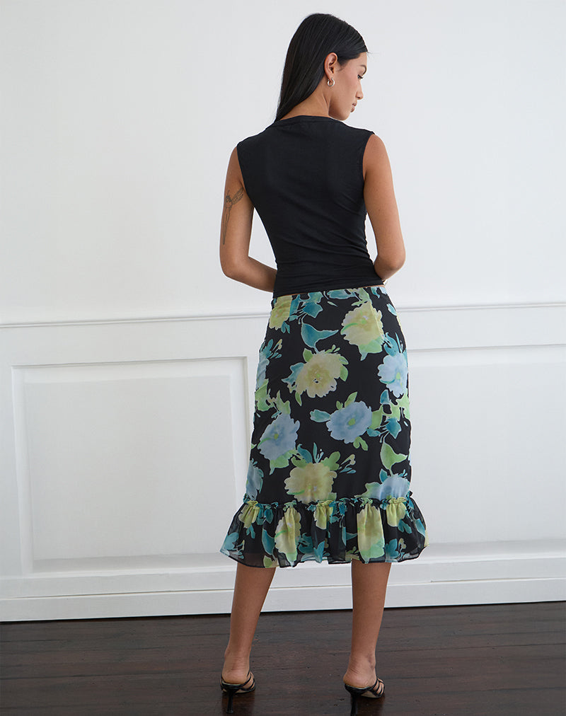 Image of Tarla Midi Skirt in Black Chiffon with Crystal Flower Print