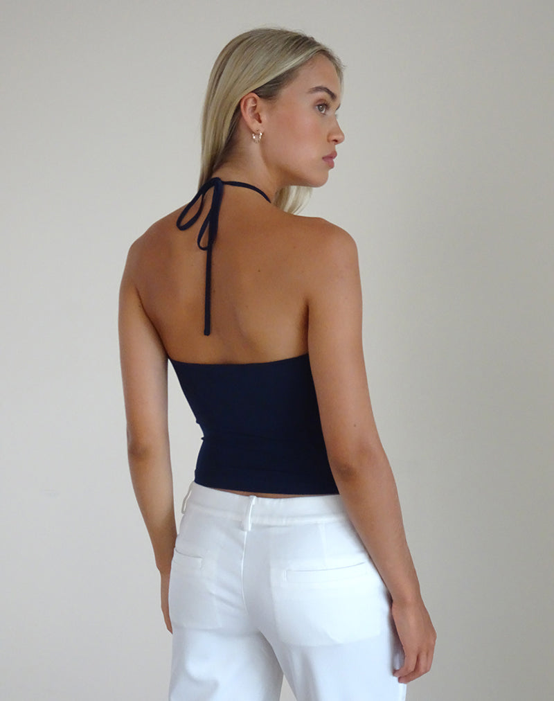 Image of Tarrina Halterneck Top in Dark Navy with White Rosette