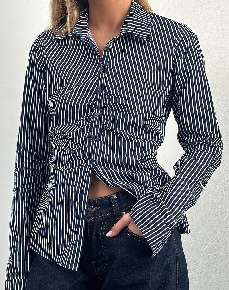 Tarsi Fitted Shirt in Mono Stripe Navy