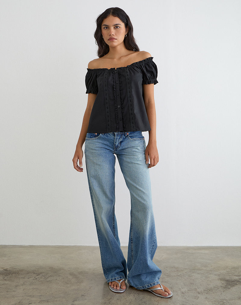 Image of Tempest Bardot Puff Sleeve Top in Poplin Black