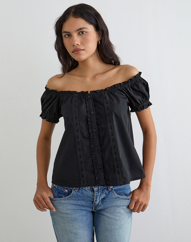 Image of Tempest Bardot Puff Sleeve Top in Poplin Black