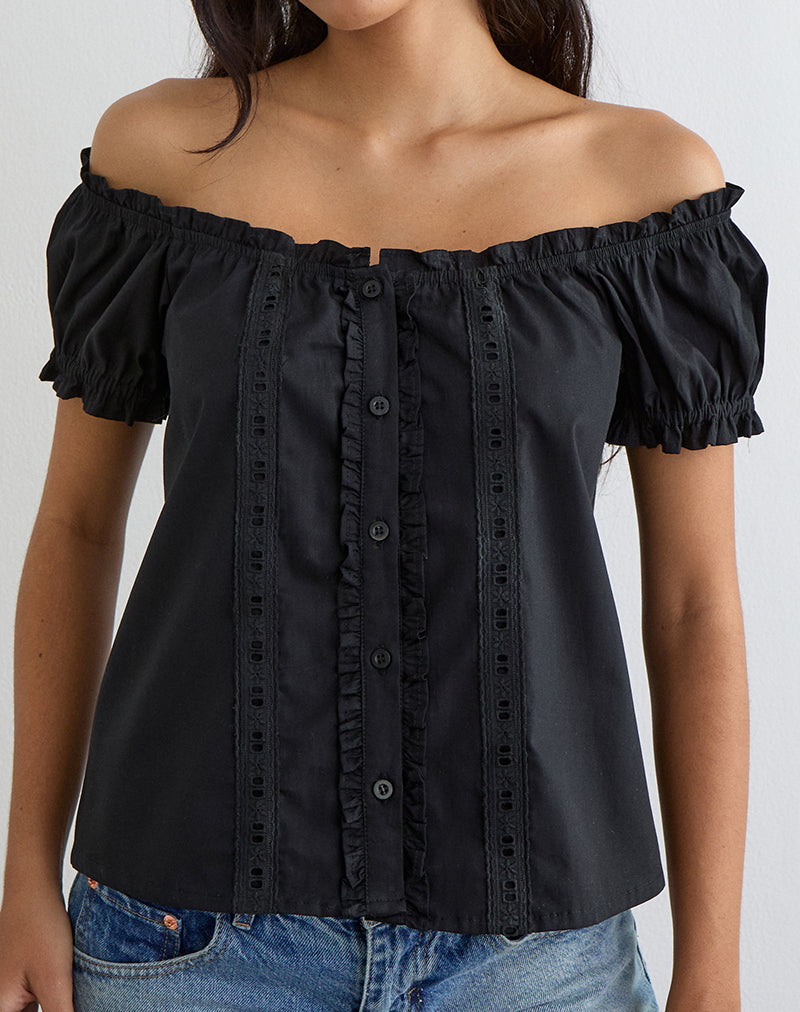 Image of Tempest Bardot Puff Sleeve Top in Poplin Black