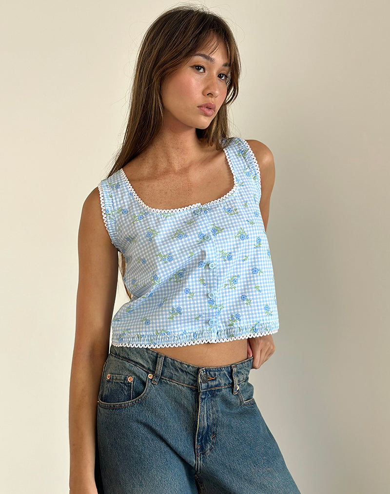 image of Ternya Top in Blue Flower Gingham