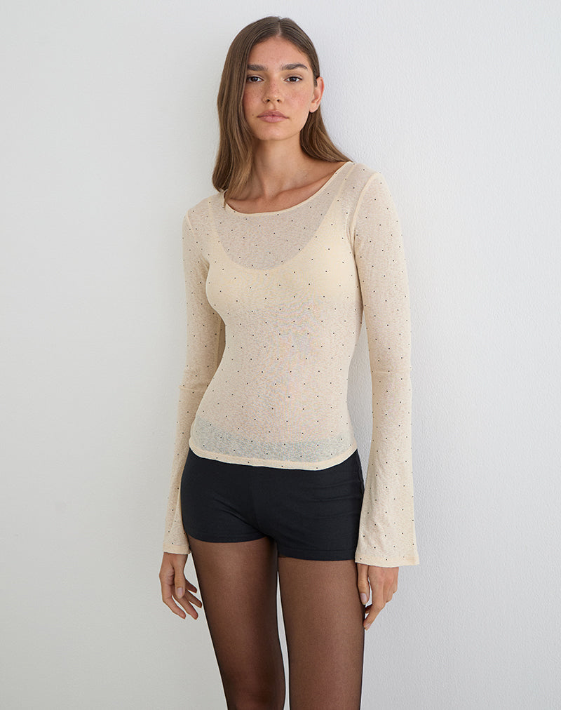 Tineko Langarm-Oberteil aus strukturiertem Jersey mit Polka-Muster in Beige