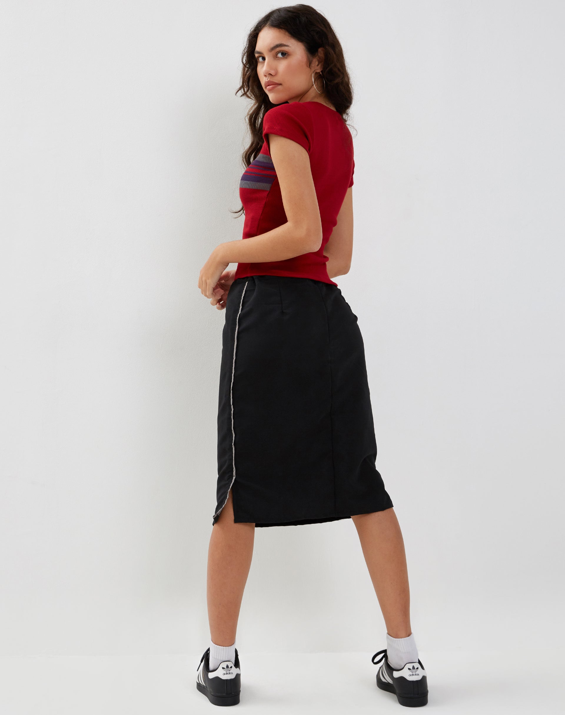 Image of Ashlyn Cargo Midi Skirt in Black with White Stripe