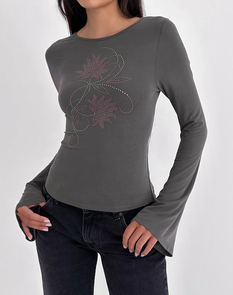 Image of Tiyana Long Sleeve Top in Diamante Flower Dark Grey