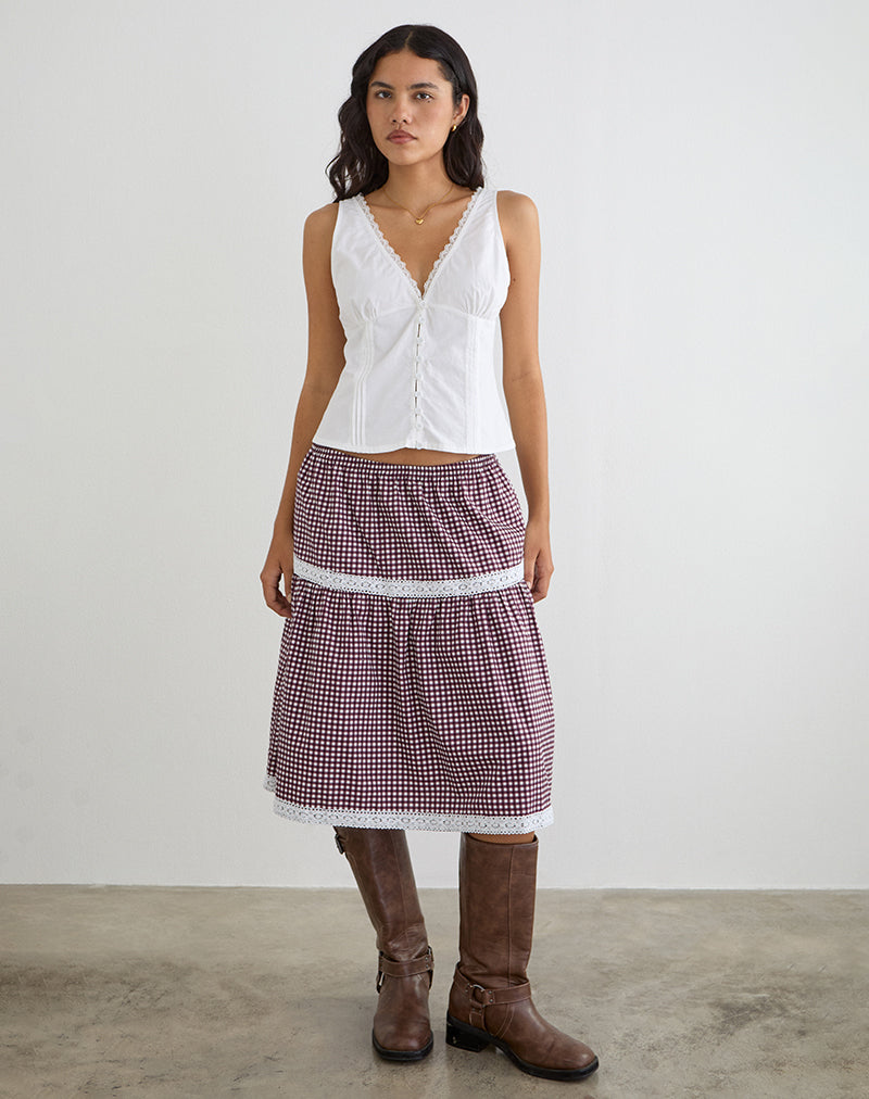Trixie Midi Skirt in Mini Gingham Wine