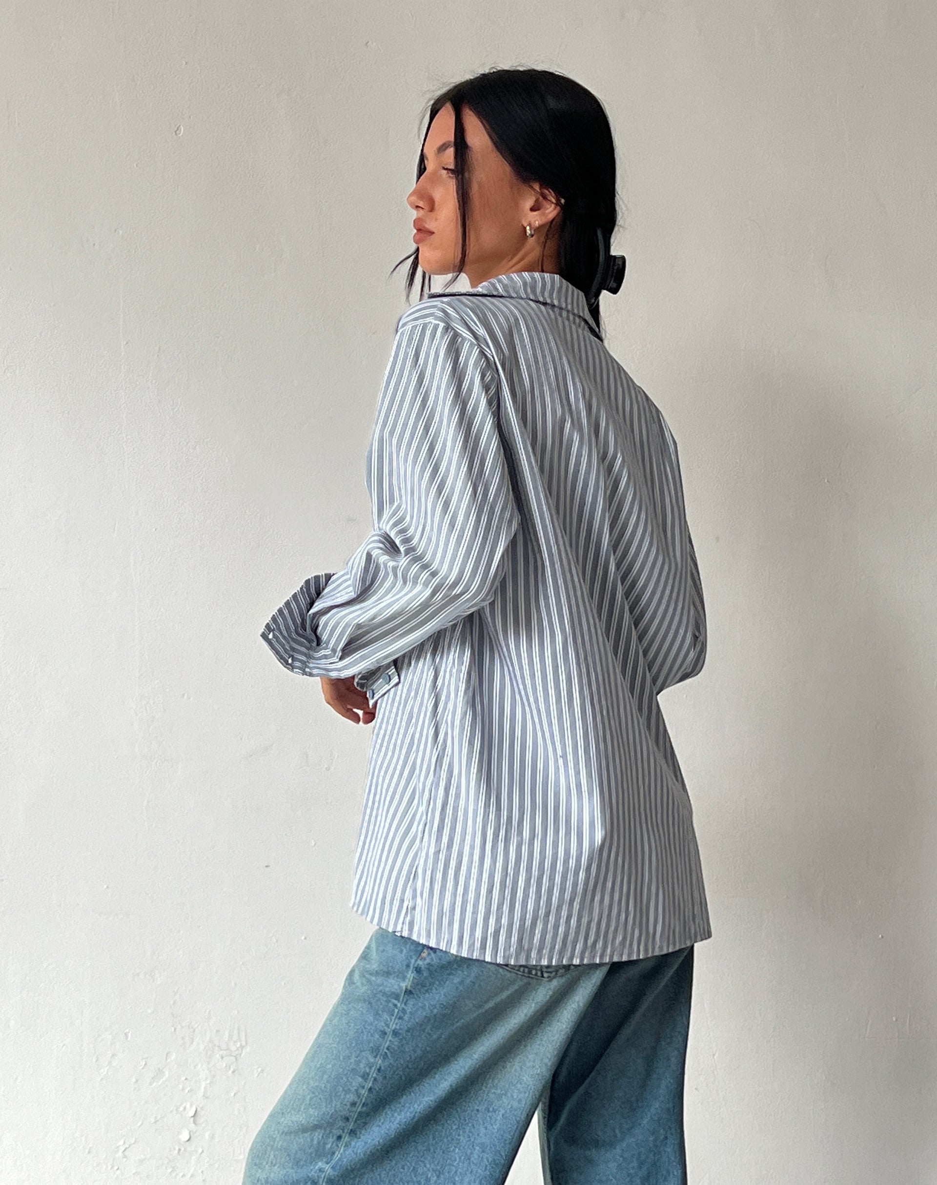 Image of MOTEL X JACQUIE Turner Shirt in Grey and White Stripe with M Embroidery