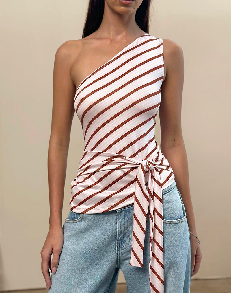 Image of Uberta Asymmetric One Shoulder Tie Top in Diagonal Stripe Pink