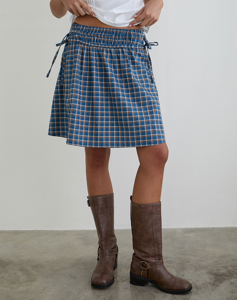 Khimar Gathered Midi Skirt in Medium Tartan Blue