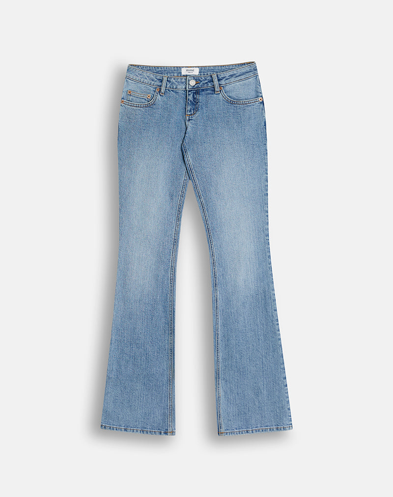 Image of Ultra Low Rise Stretch Flare Jeans in Mid Blue