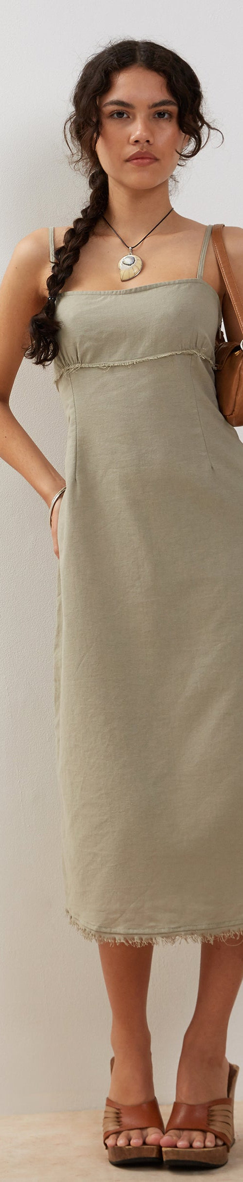 Image of Una Distressed Hem Midi Slip Dress in Slate Green Linen