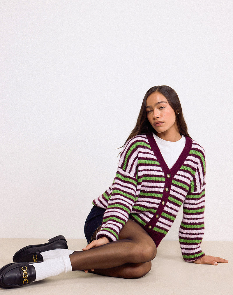 Image of Uriela Cardigan in Green Pink and Burgundy Stripes