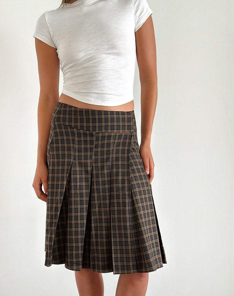 Dark Brown Check Pleated Midi Skirt | Vanka – motelrocks-com-eur
