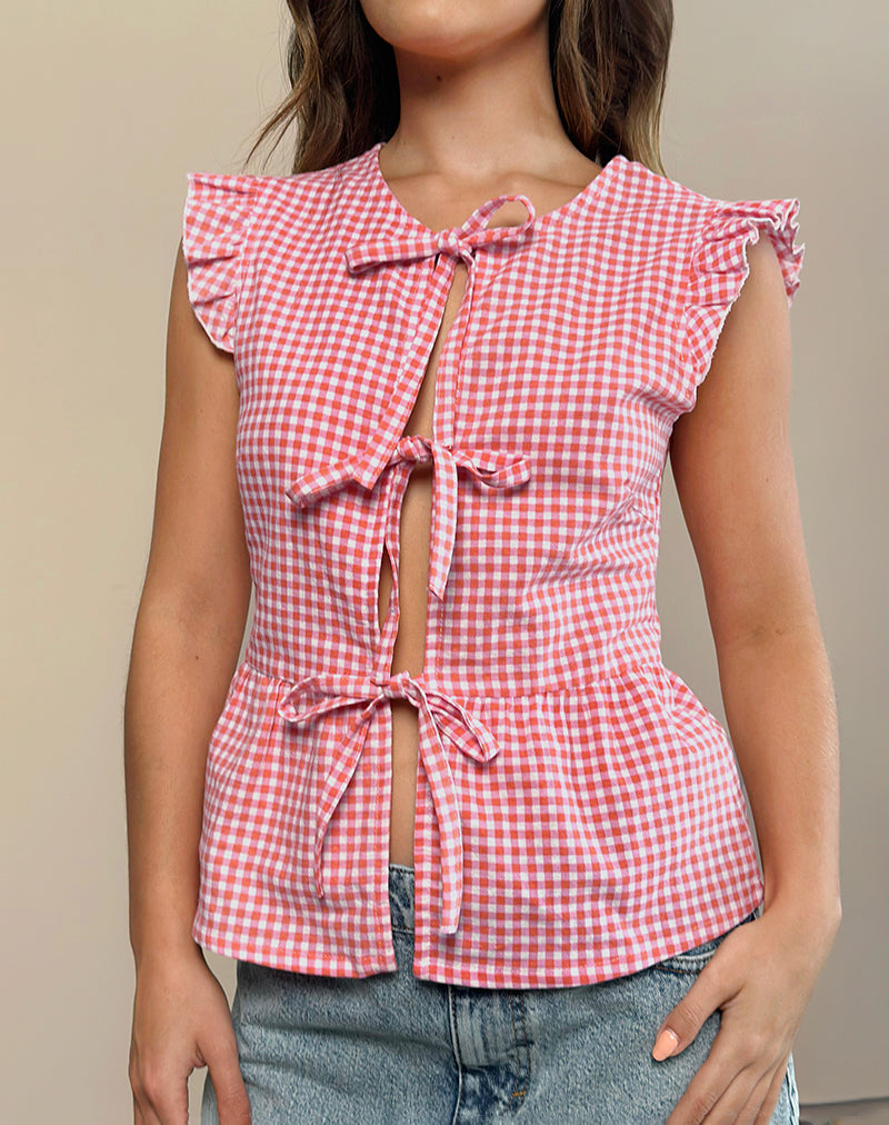 Image of Vataka Tie Front Top In Mini Gingham Peach