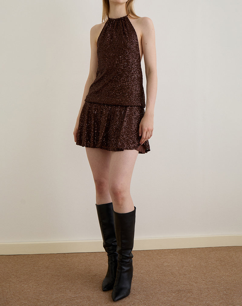 Image of Veloria Mini Dress in Drape Sequin Brown