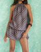 Image of Veloria Halterneck Mini Dress in Chiffon Grey and Maroon Diagonal Stripe