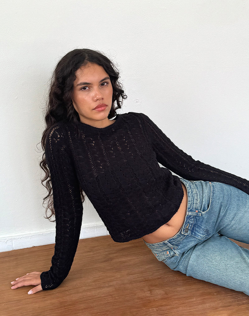 Image of Venia Knitted Long Sleeve Top in Black