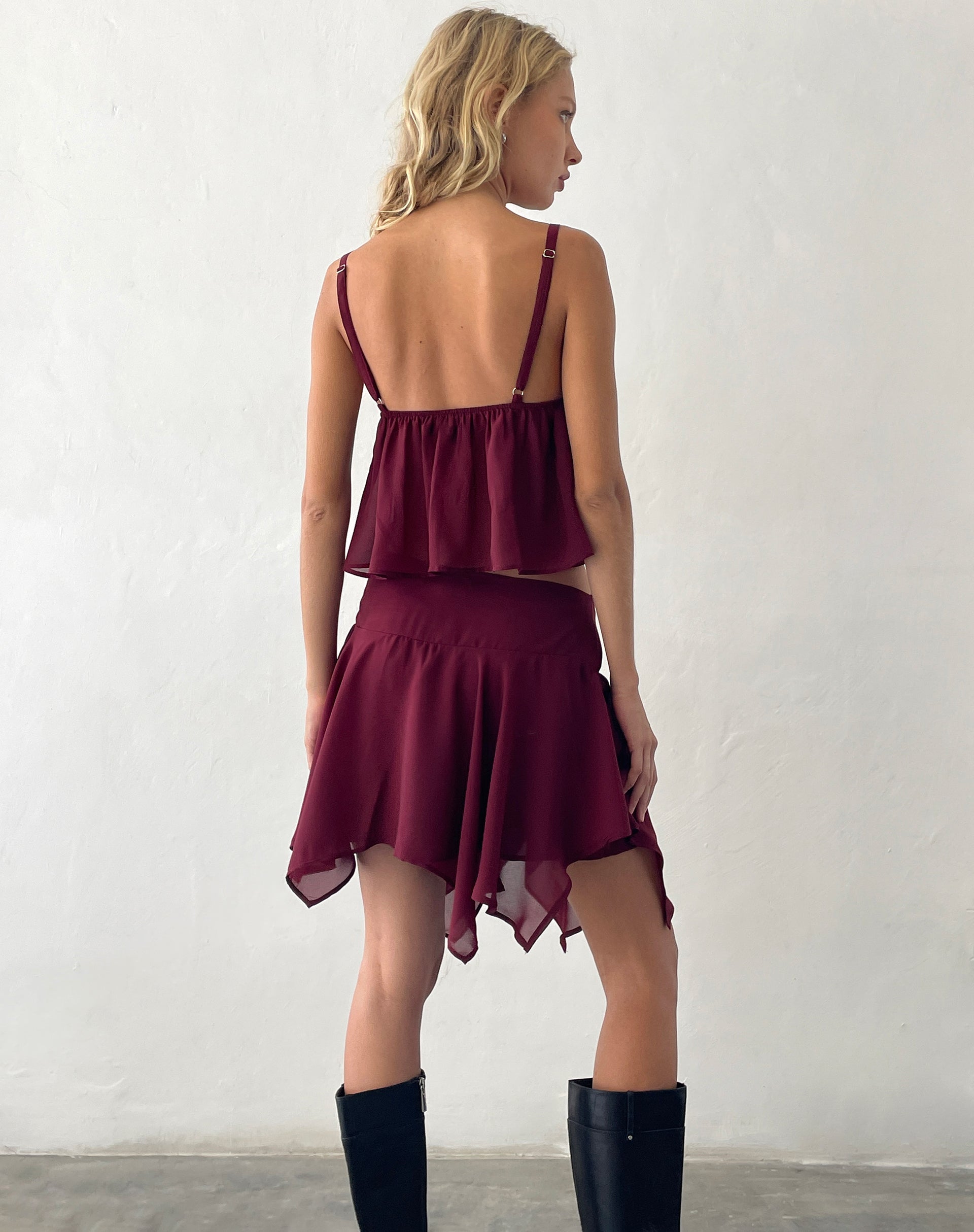 Chiffon Oxblood Red Asymmetrical Mini Skirt Veny motelrocks com eur