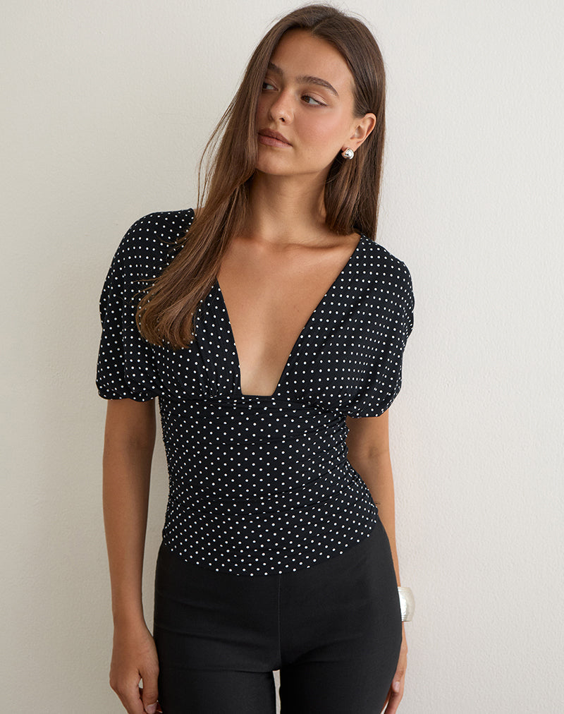 Image of Vernia Plunge Batwing Top in Jersey Micro Polka Black