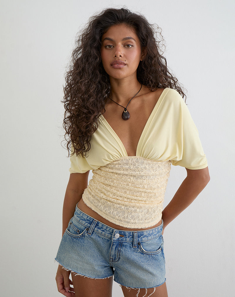 Image of Vernia Plunge Batwing Top in Cupro Yellow with Lace Waist