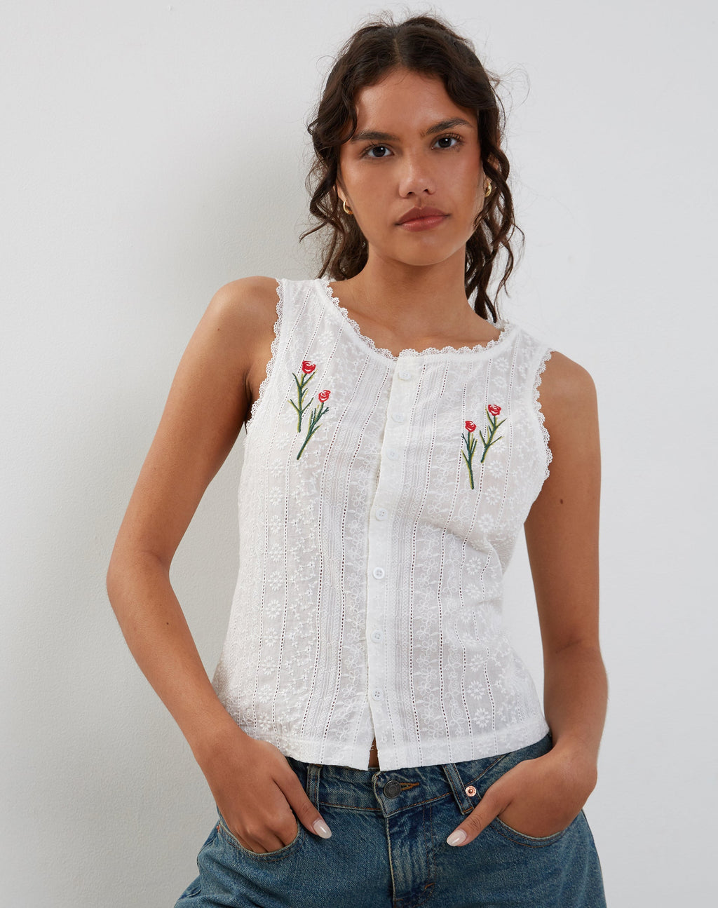 Haut sans manches Vezia Broderie en blanc avec broderie rose