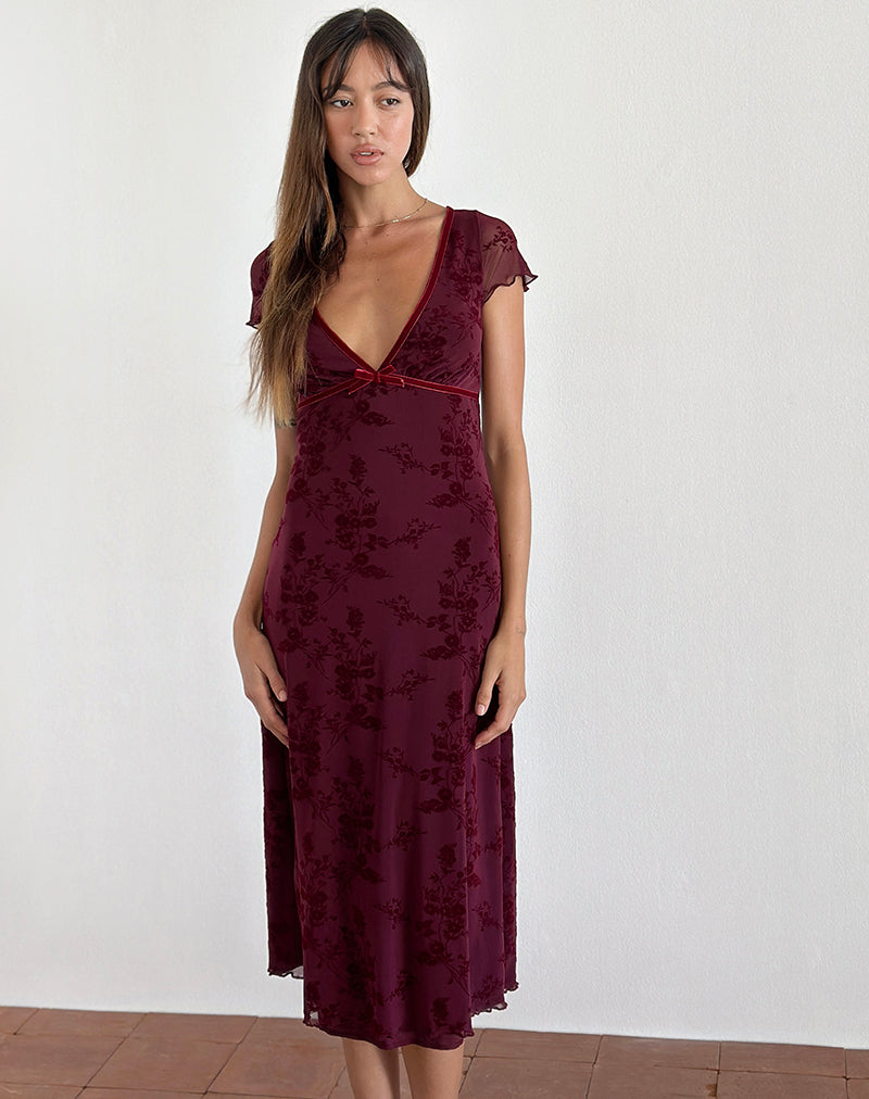 Image of Vilinia Midi Dress in Botanical Flower Maroon