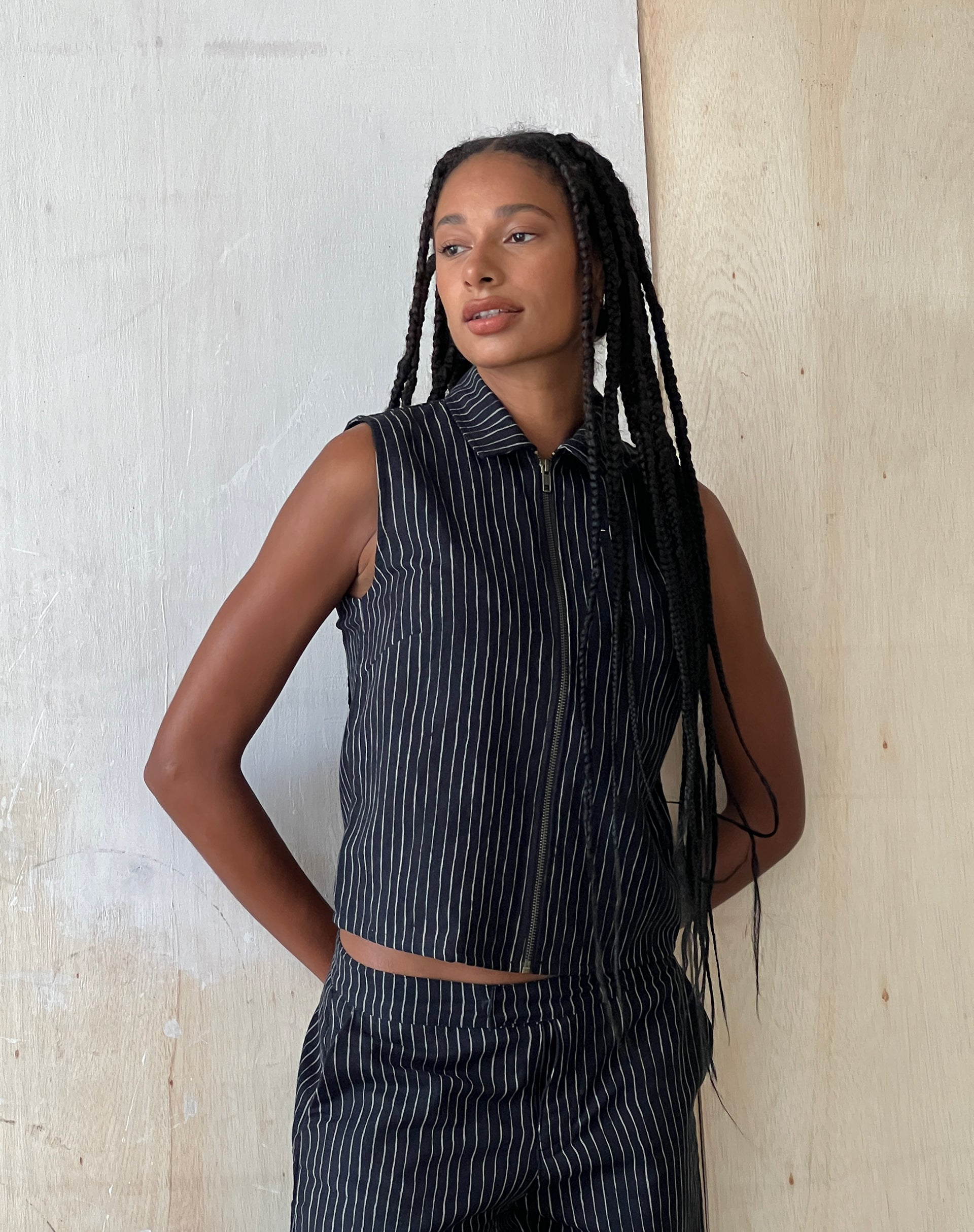 Image of MOTEL X JACQUIE Virago Zip Up Sleeveless Jacket in in Sketchy Stripe Black