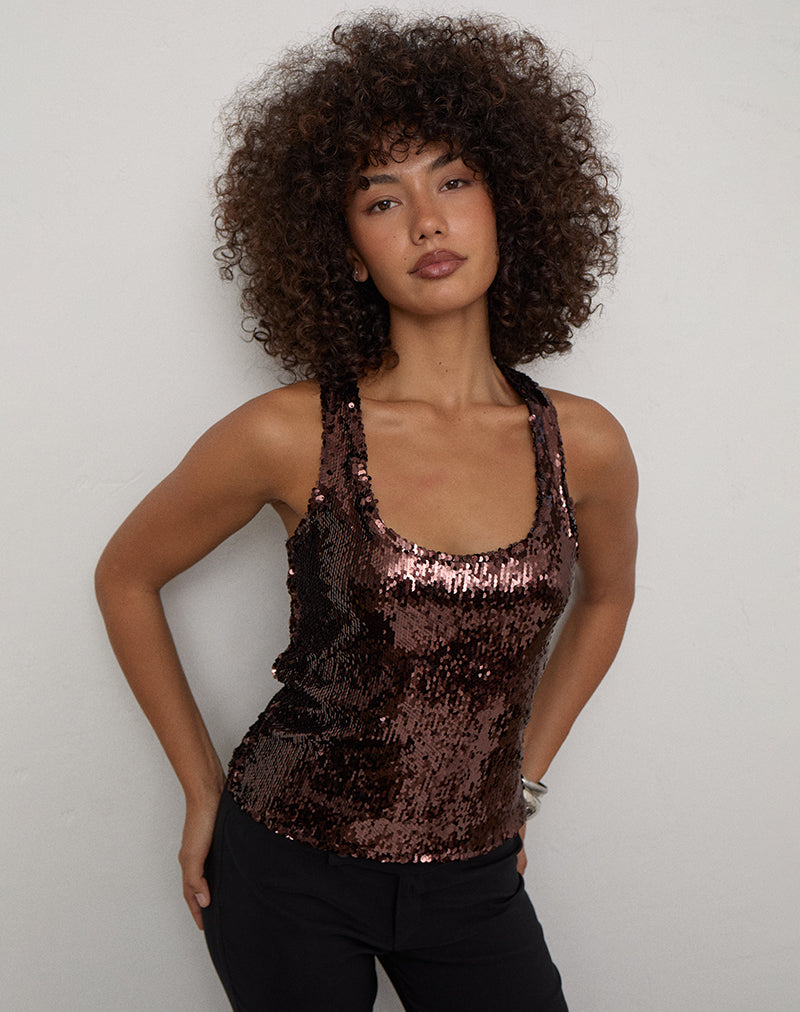 Image of Wanda Racerback Vest Top in Sequin Brown