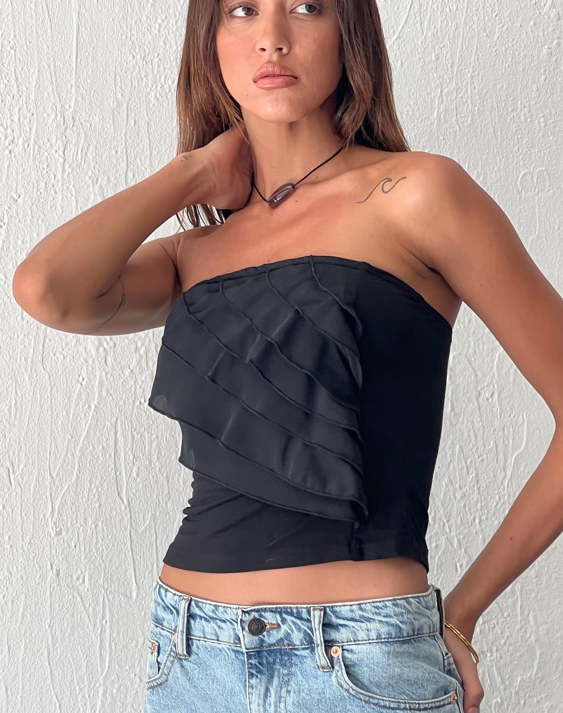 Black ruffle bandeau top on sale