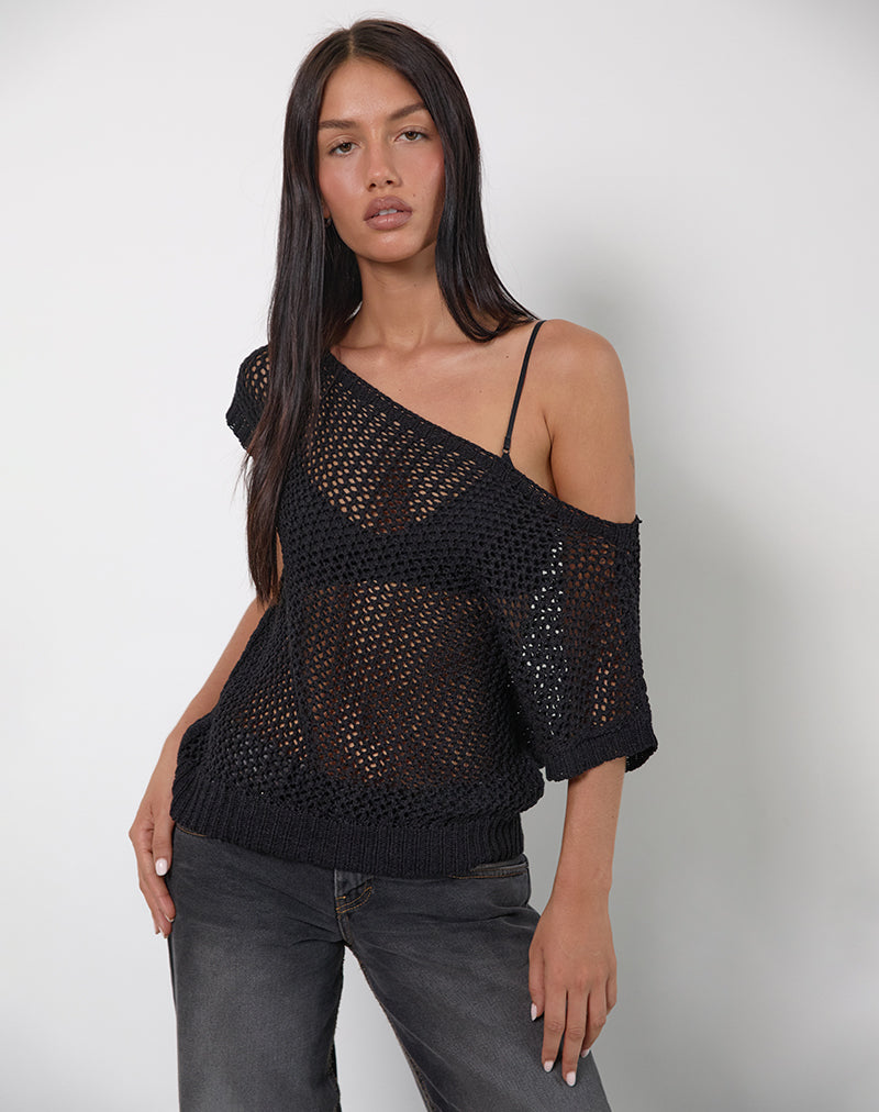 Image of Weavora Slash Neck Top in Open Knit Black