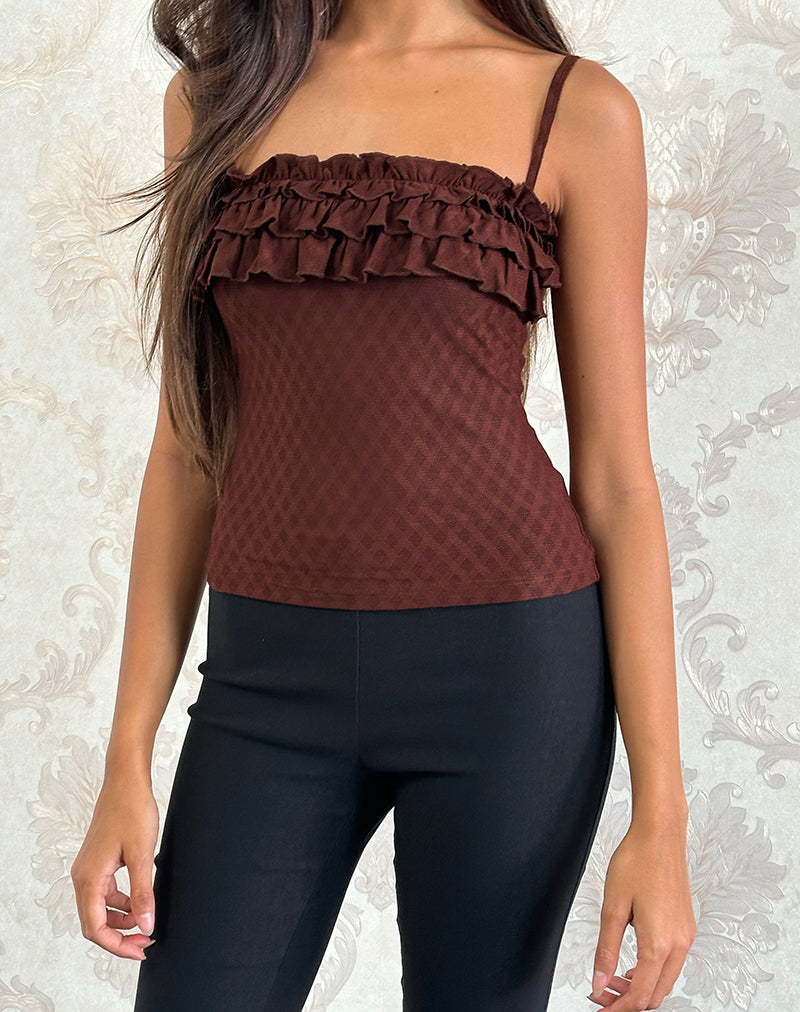 Image of Wendy Ruffle Cami Top in Argyle Mesh Brown