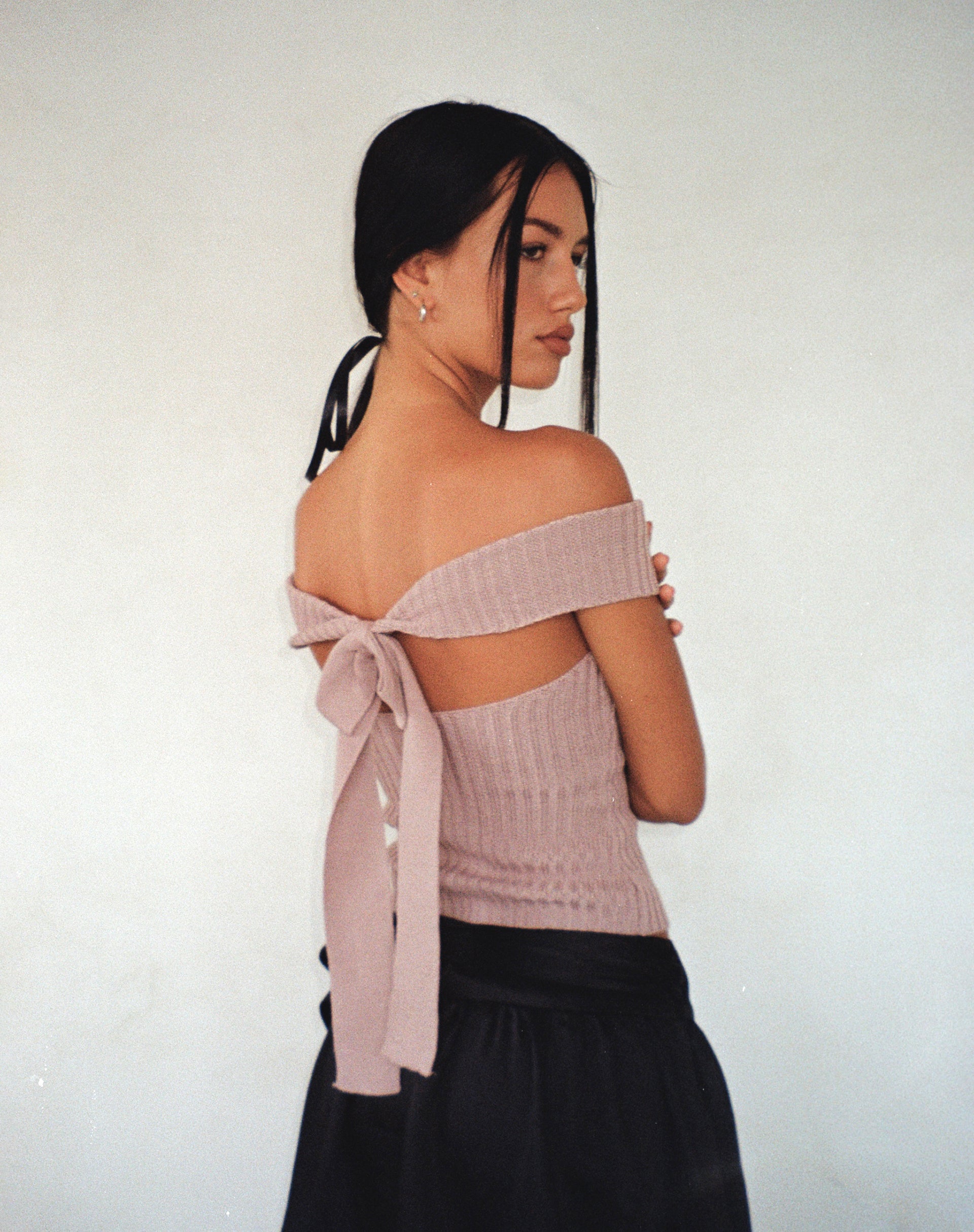 Image of Wilda Bardot Bow Back Top in Knit Blush