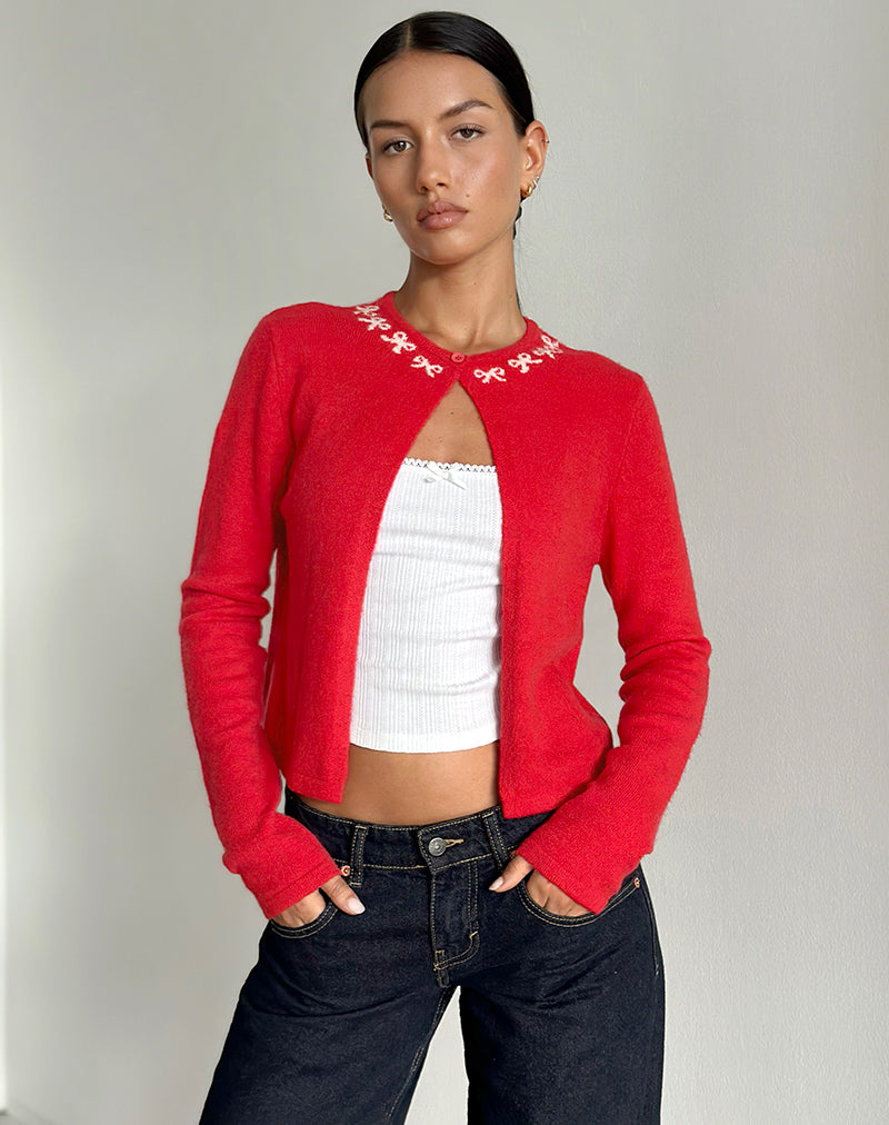 Image of Wunara Cardigan in Red with Pink Bows