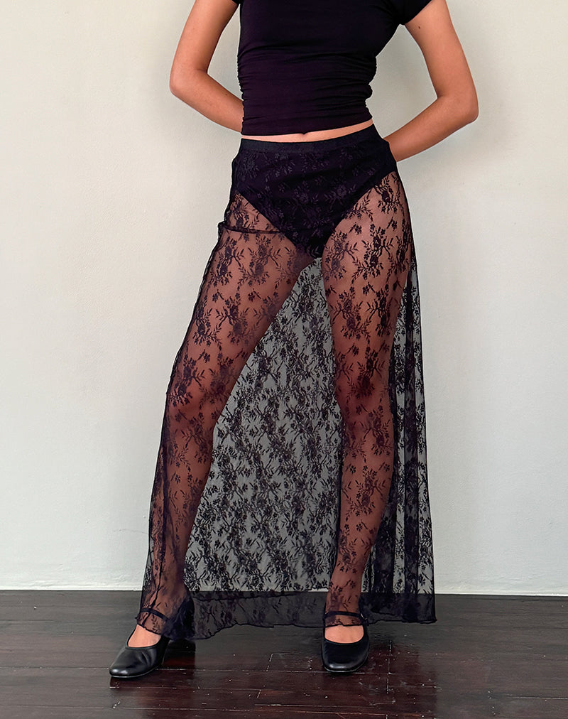 Nevali Maxi Skirt in Black Wild Rose Lace