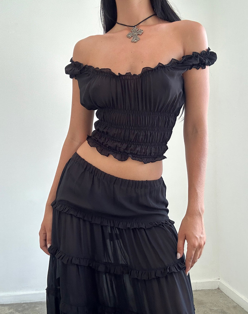 Xavi Shirred Bardot Top in Chiffon Black