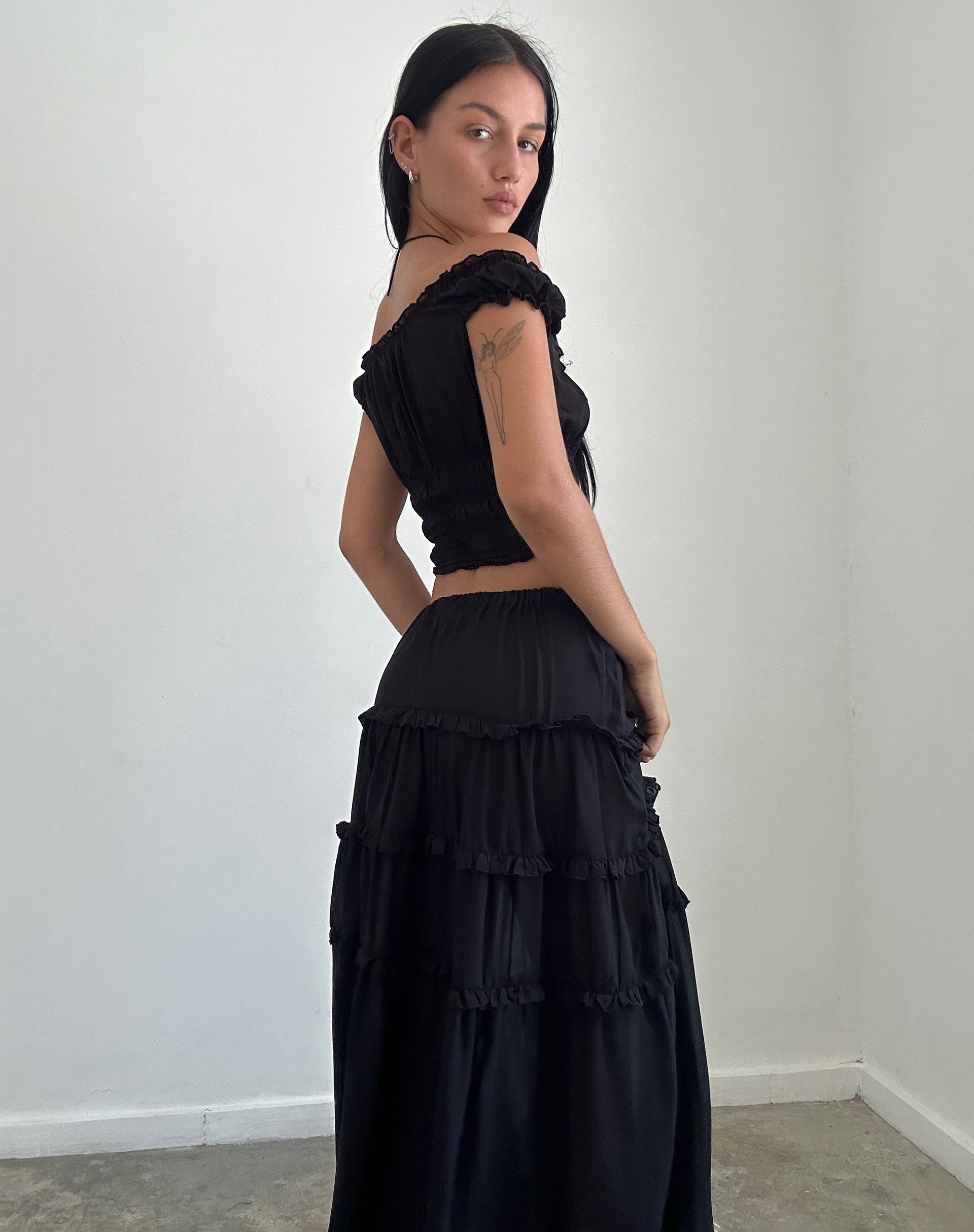 Image of Xavi Shirred Bardot Top in Chiffon Black