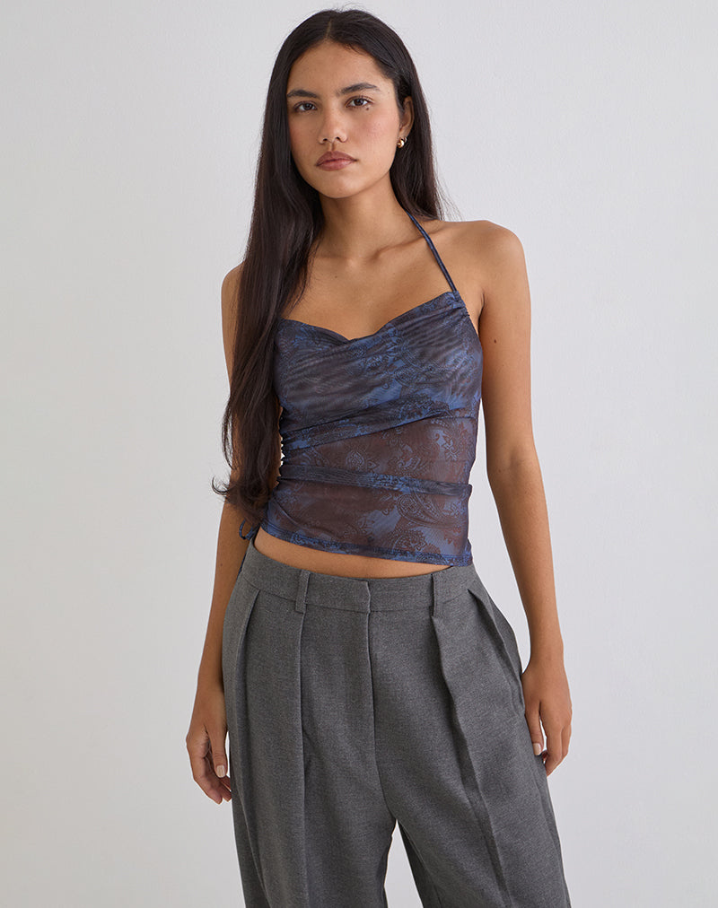 Xiomara Neckholder-Top in Mitternachtsblau mit Paisley-Muster