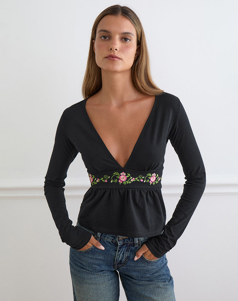 Image of Yahop Top in Black with Swirly Floral Embroidery