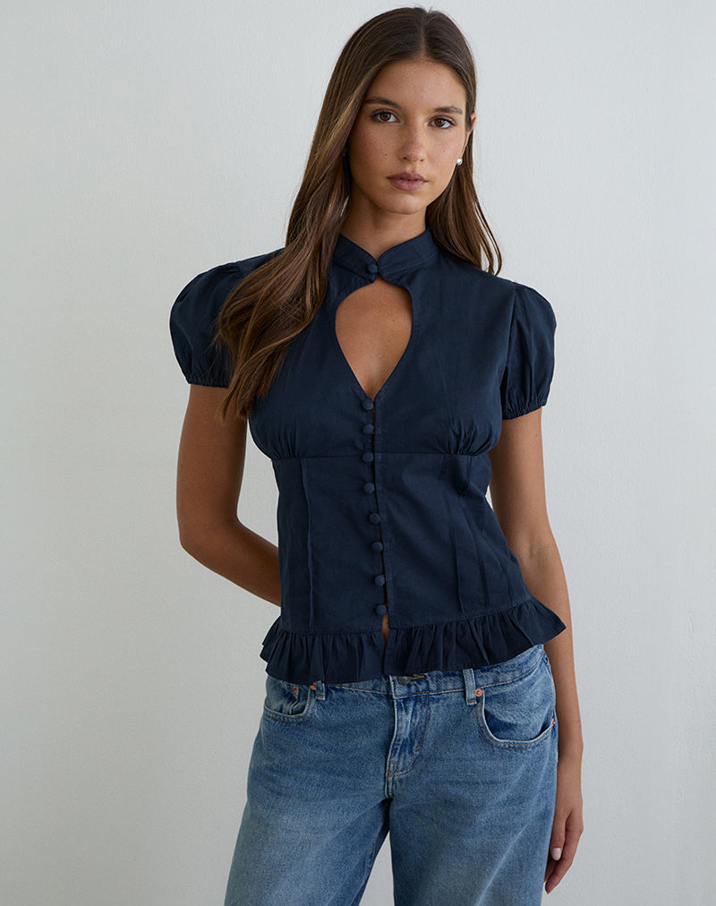 Image of Yamila Puff Sleeve Keyhole Blouse in Dark Navy