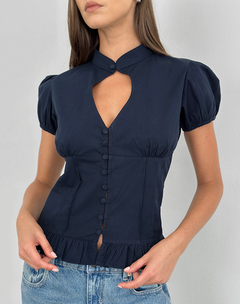 Image of Yamila Puff Sleeve Keyhole Blouse in Dark Navy