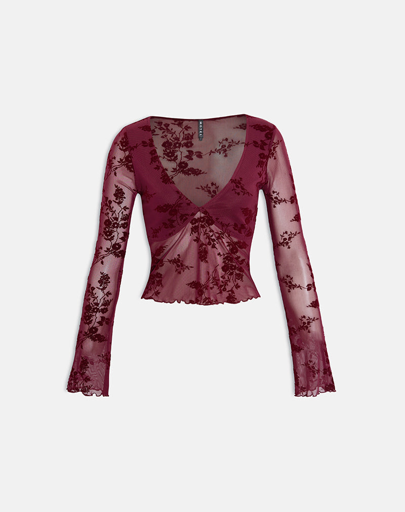 Image of Yamuna Top in Flocked Botanical Flower Maroon