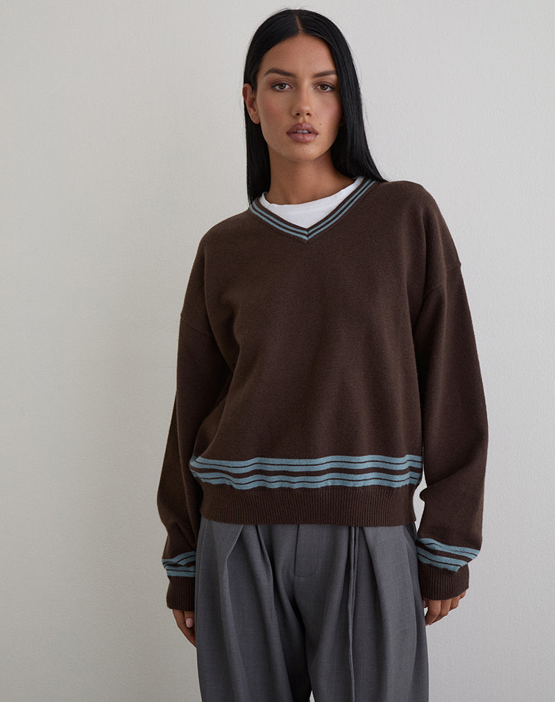 Image of Yarnia Slouchy V-neck Jumper in Brown and Blue