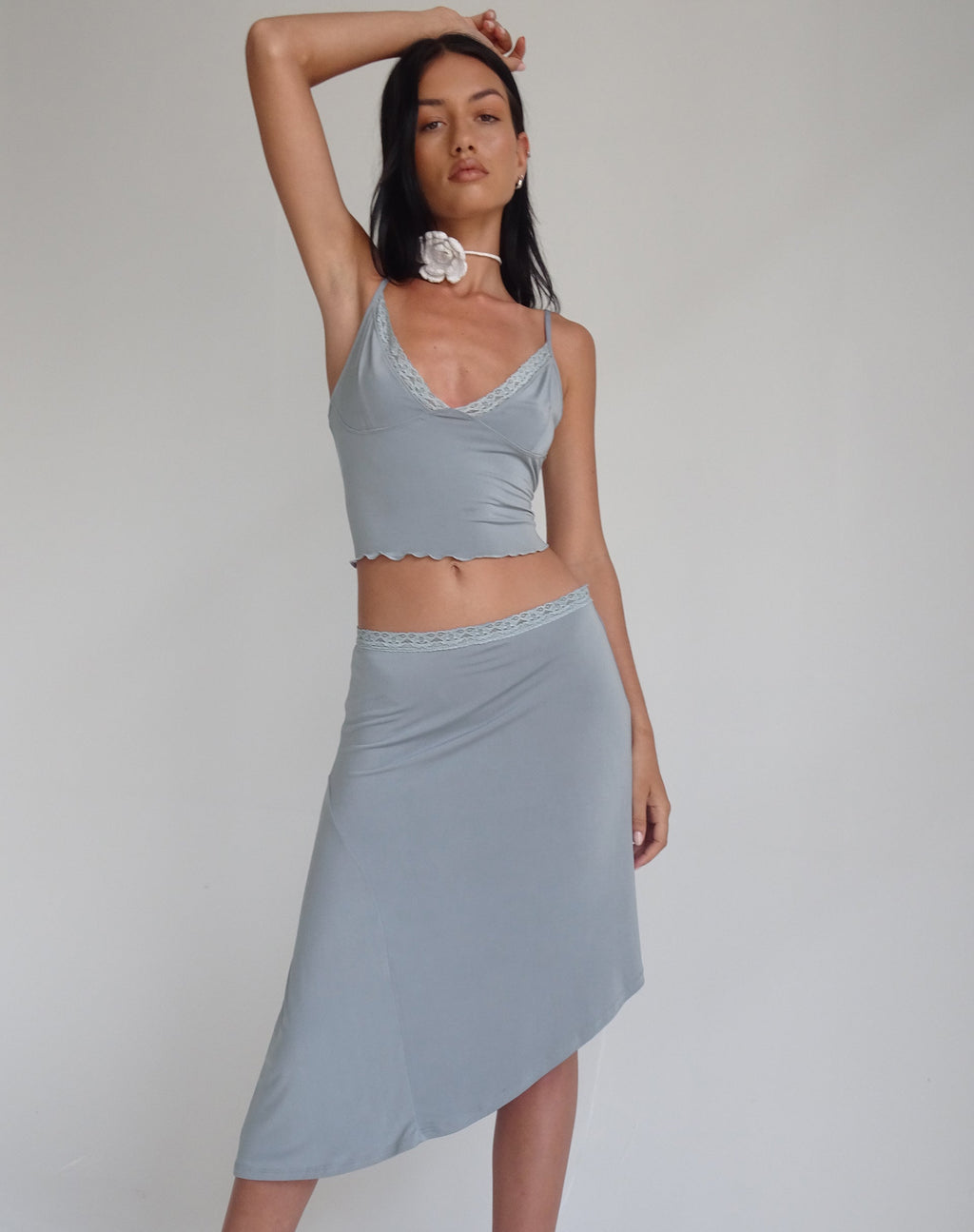 Drew Asymmetric Midi Skirt in Slinky Grey